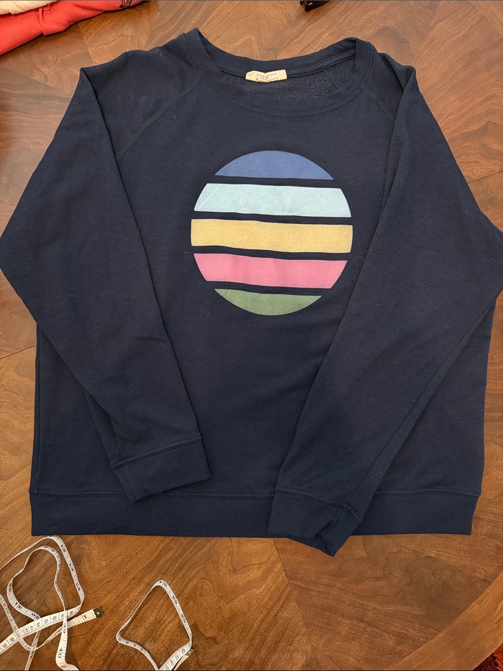 Women’s Navy Crewneck Sweater with Multicolor Stripe Circle